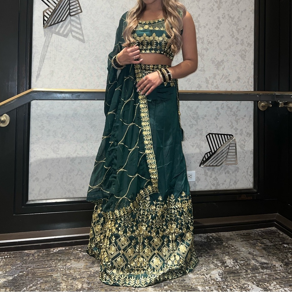 Elegant Green and Gold Women's Skirt Set Lengha